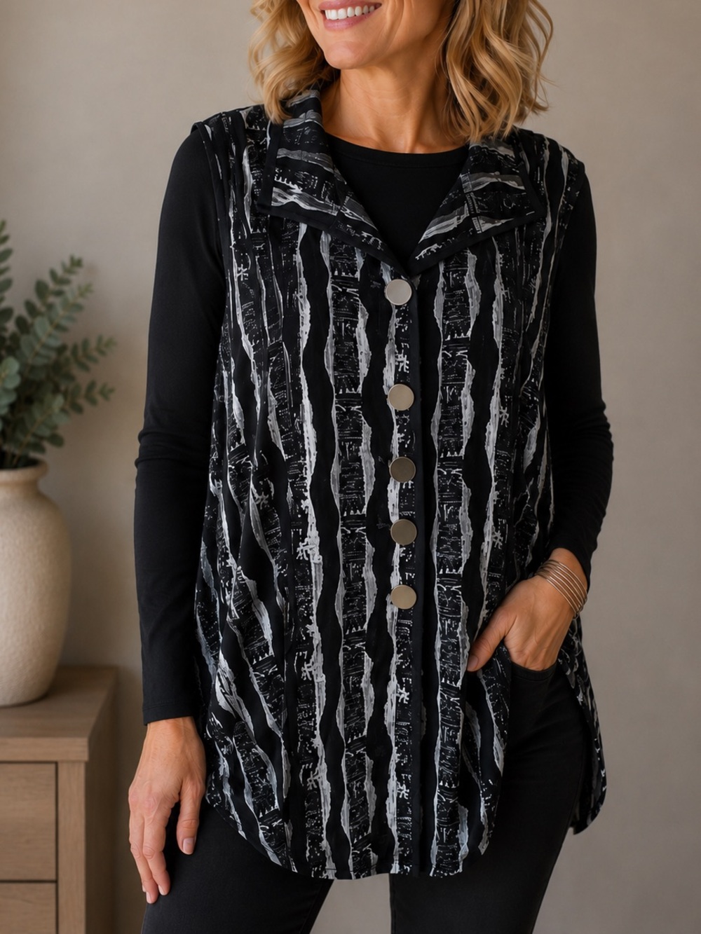 John Mark Plus Size 3X Black Silver Velour Velvet Stripe Button Artsy Vest Tunic